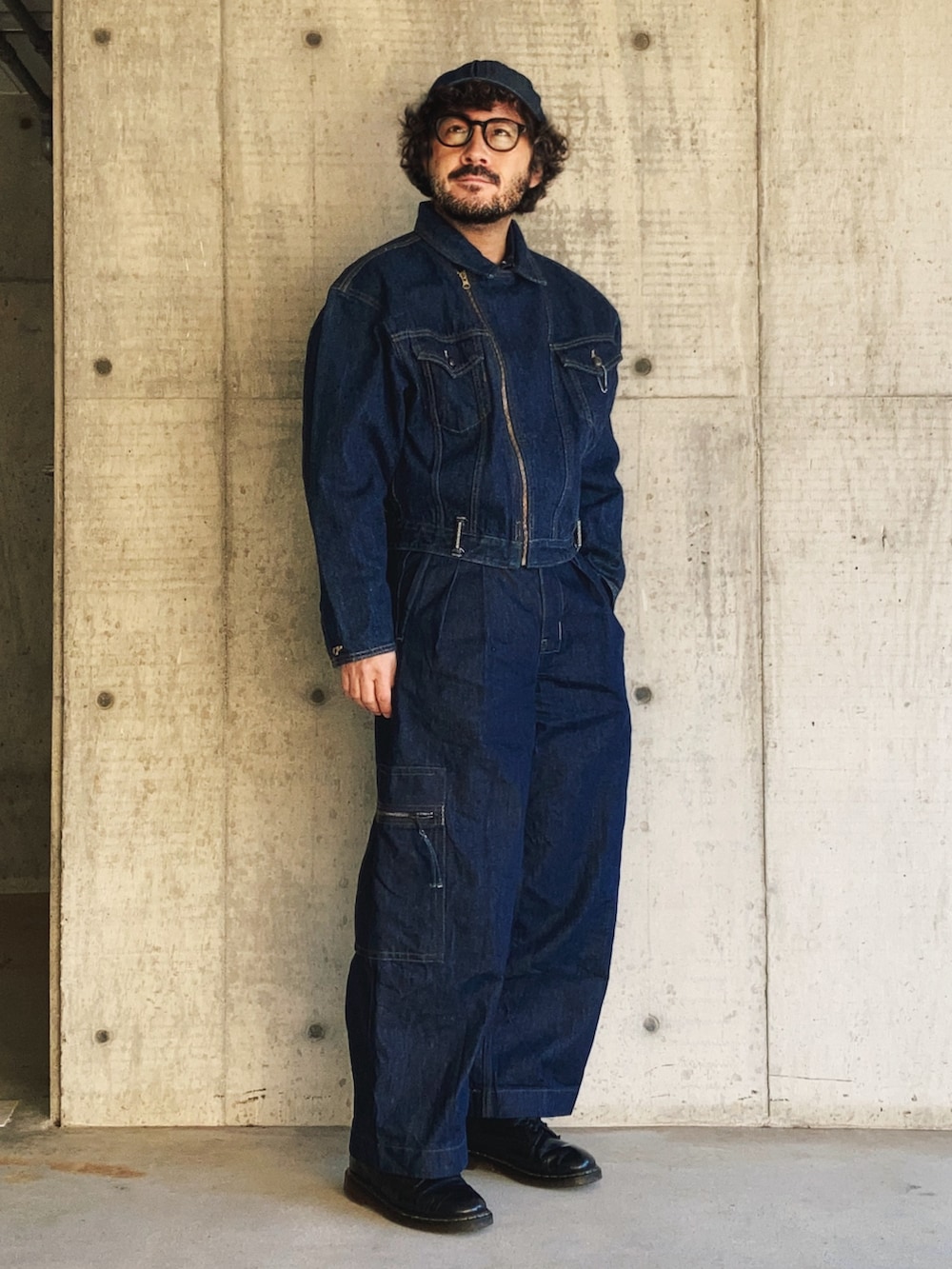 「真冬のあったかスタイル、メンズファッション、ファッションを楽しもう、古着MIX、最近のいい感じコーデ、Big John、denim、デニムオンデニム、デニムキャップ、ワイドデニム、デニムスタイル」｜「Big JohnのSPANA made in Japan size M（ライダースジャケット、ブルー系）」を使った、koppaさん（メンズ・169cm）の冬コーディネートの2枚目の写真
