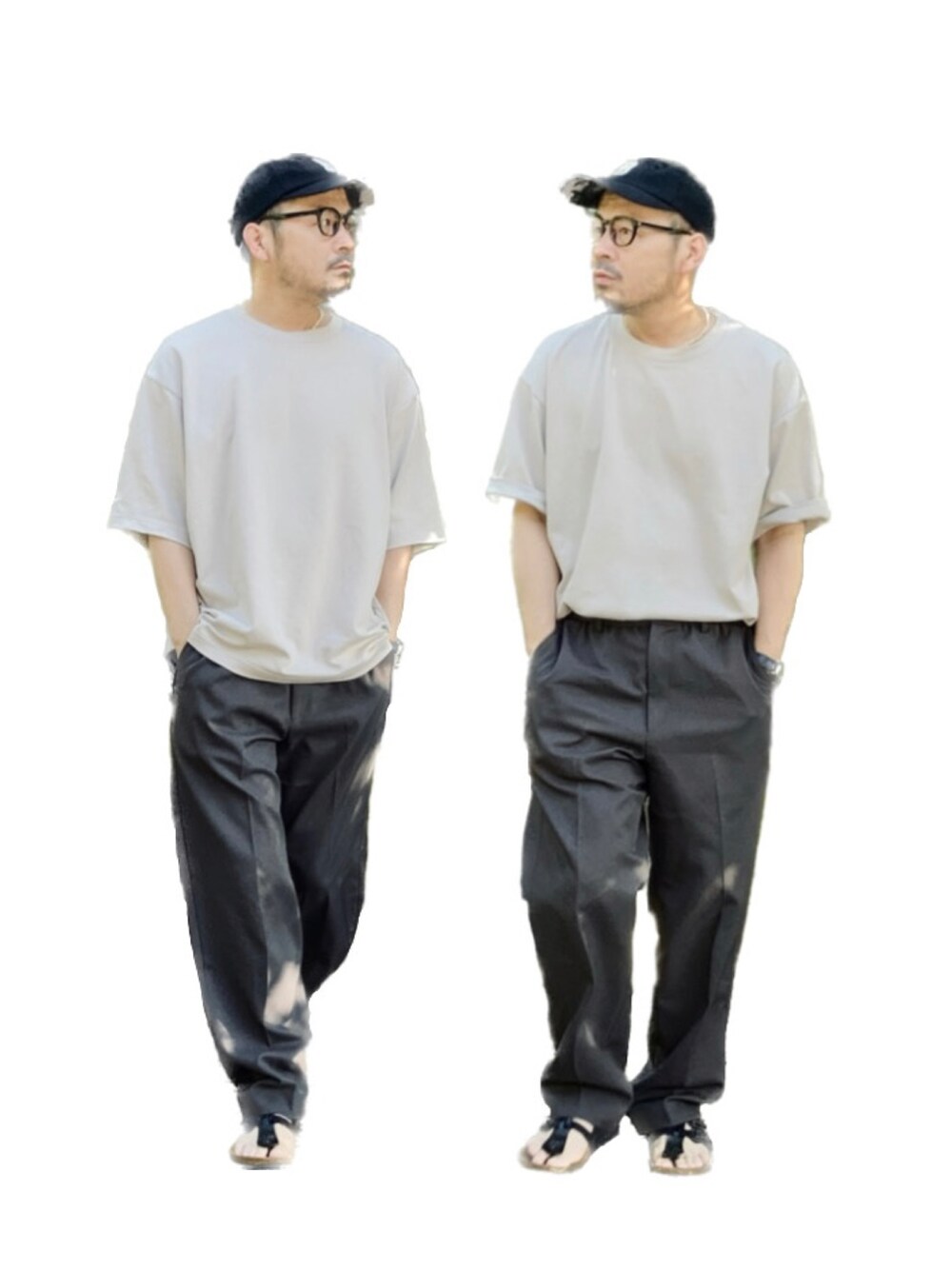 グレー系のTシャツ/カットソー、ブルー系のその他パンツ、ブラック系のサンダルを着用したメンズの夏コーディネートの3枚目の写真