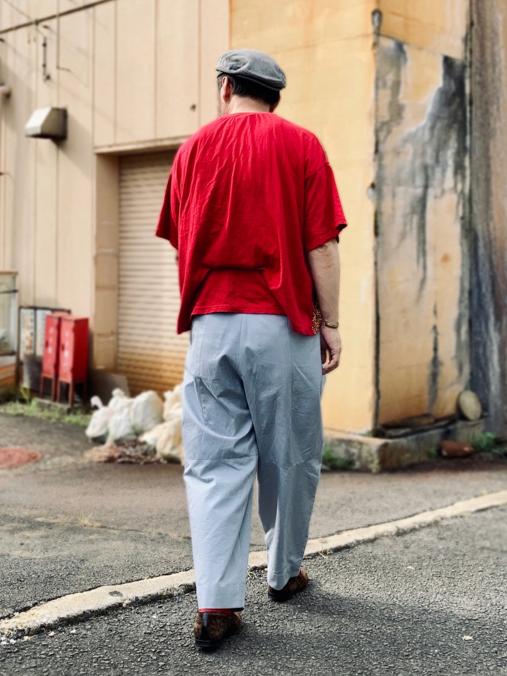 レッド系のTシャツ/カットソー、グレー系のパンツ、ブラウン系のスリッポンを着用したメンズの夏コーディネートの5枚目の写真