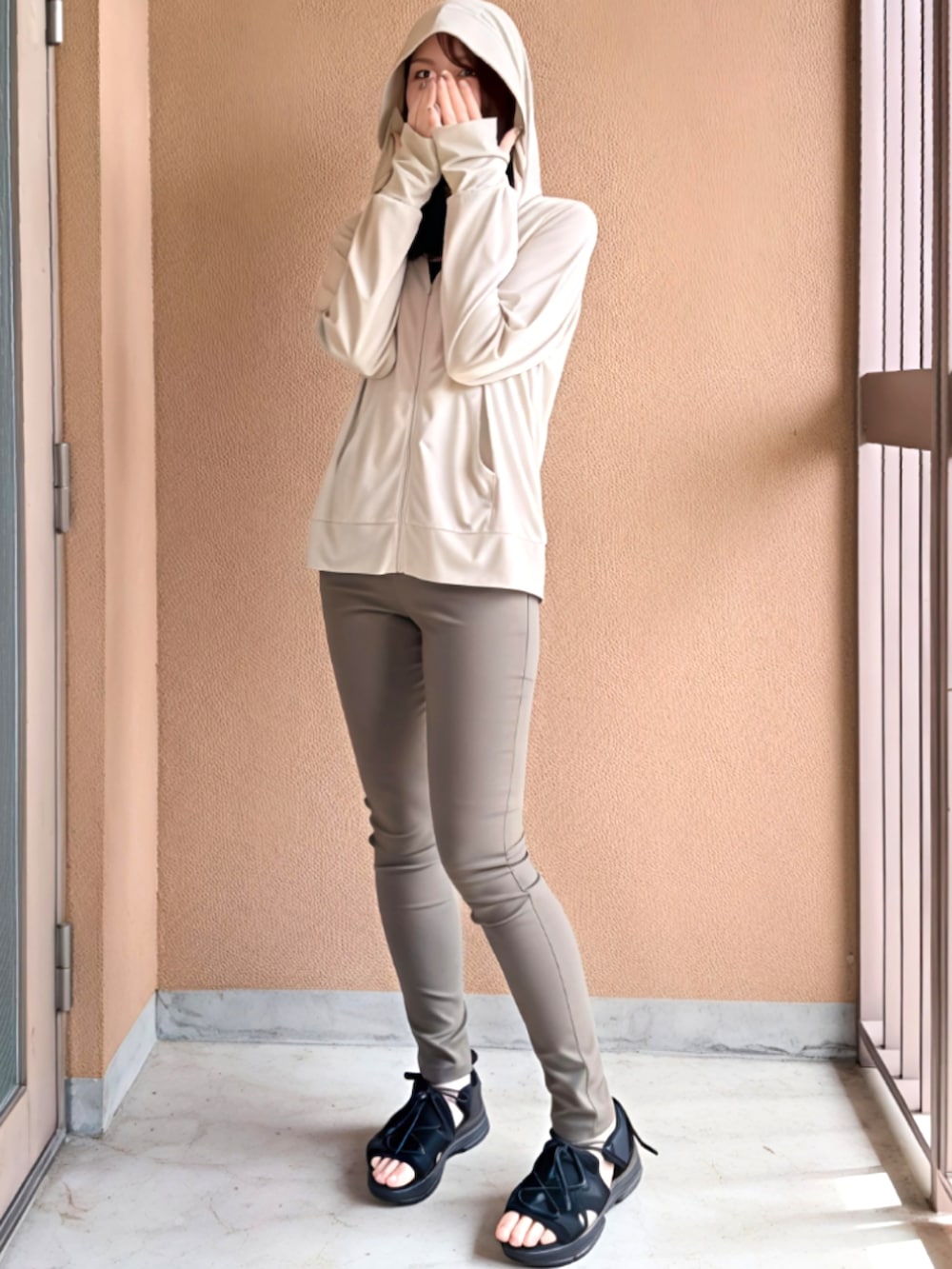 グリーン系のその他パンツ、ベージュ系のパーカーを着用したレディースの春コーディネートの2枚目の写真