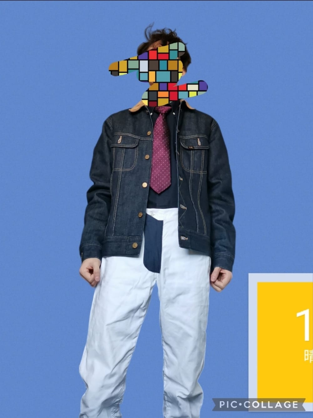 ブルー系のデニムジャケット、ブルー系のシャツ/ブラウス、ホワイト系のデニムパンツを着用したメンズの春コーディネートの2枚目の写真