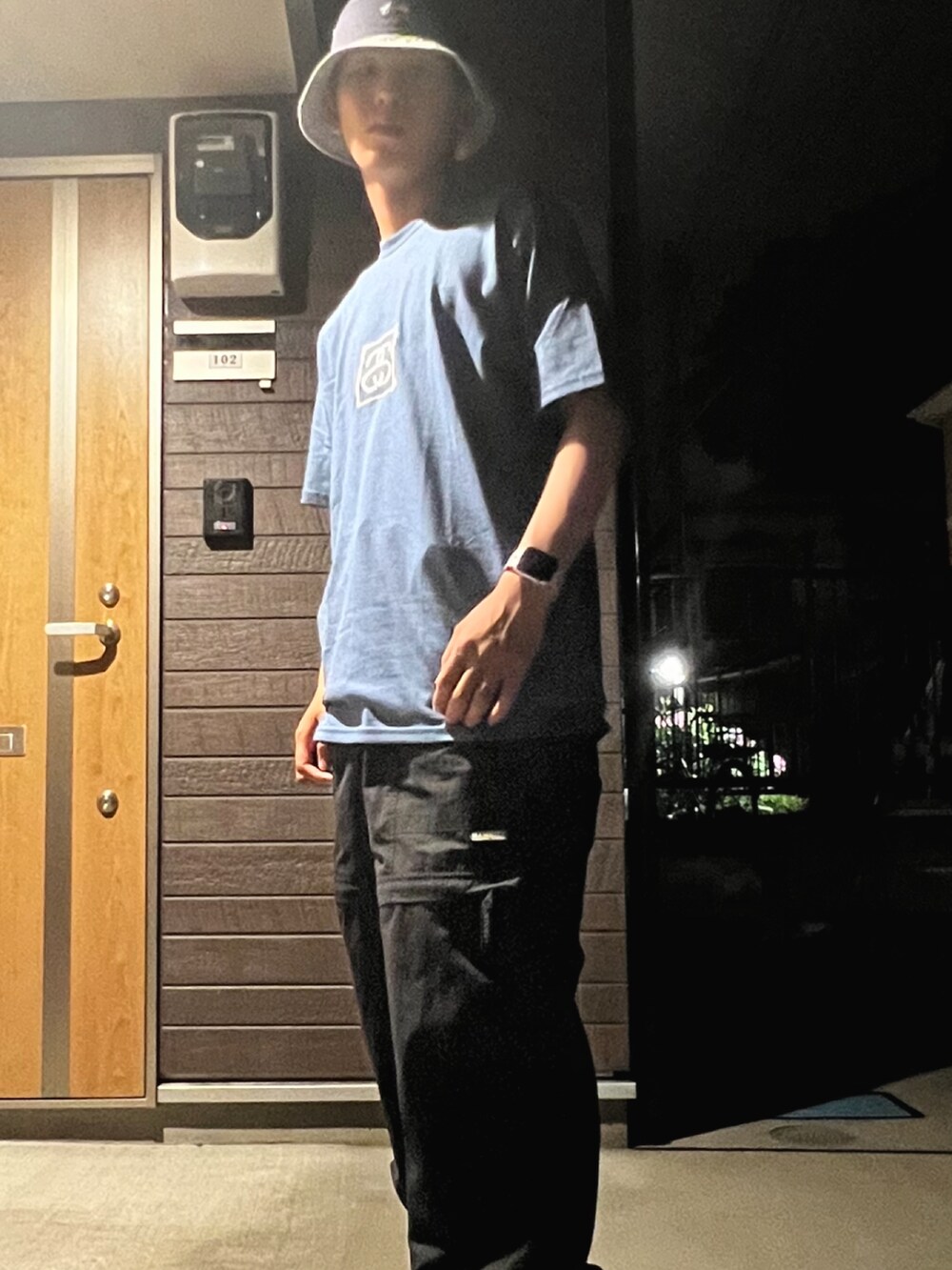 ブルー系のTシャツ/カットソー、ブラック系のカーゴパンツ、ホワイト系のスニーカーを着用したメンズの夏コーディネートの2枚目の写真