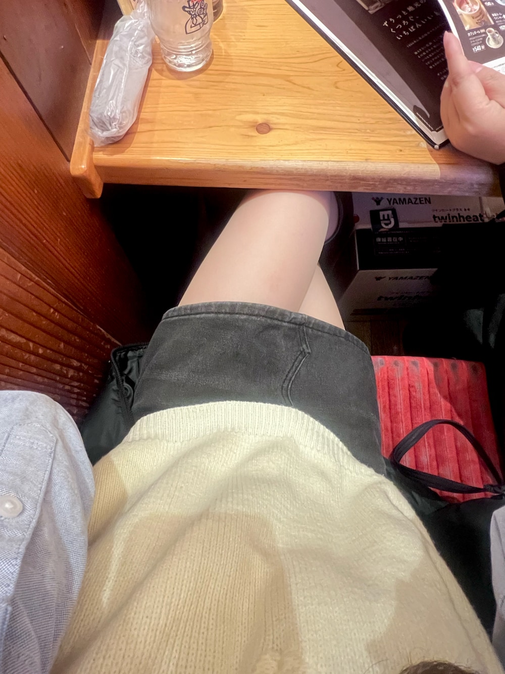 ホワイト系のベスト、グレー系のデニムスカートを着用したレディースの冬コーディネートの4枚目の写真