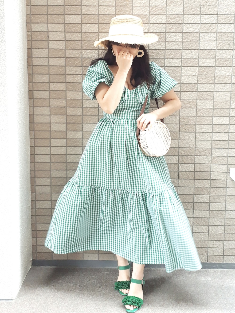ストローハット ロングワンピース