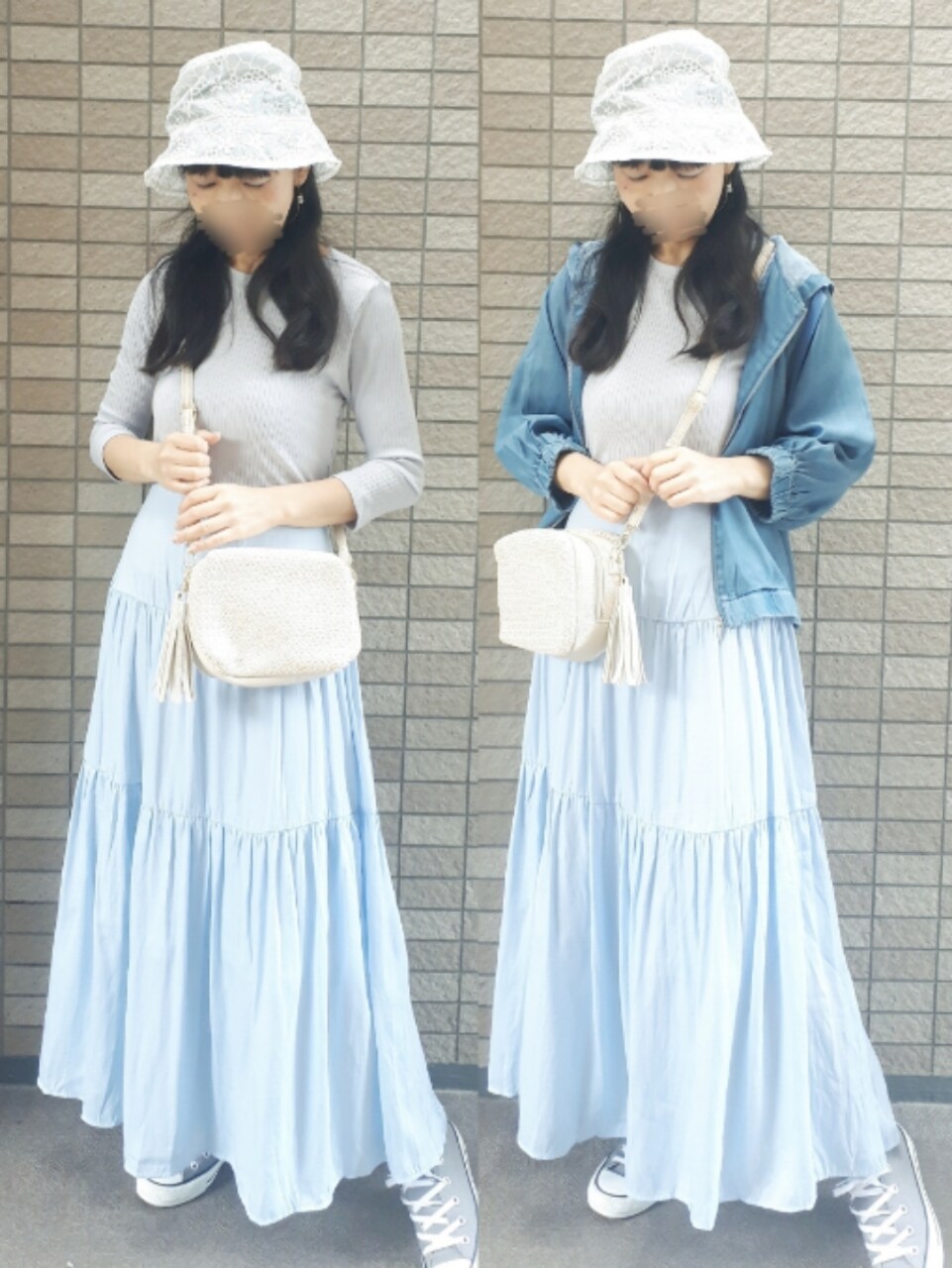 ブルー系のテーラードジャケット、ブルー系のワンピース、ベージュ系のショルダーバッグを着用したレディースの秋コーディネートの5枚目の写真