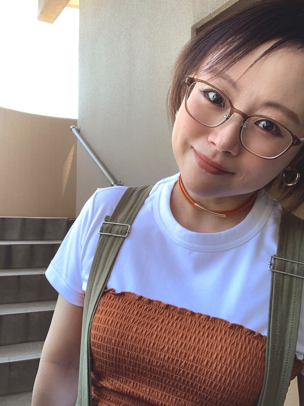 「サロペット、ビスチェ、着回しコーデ、夏コーデ、低身長、アラフィフ、メガネ女子、おしゃれさんと繋がりたい、スウィーツ同盟会」|「SENSE OF PLACE by URBAN RESEARCHのチューブトップ シャーリングビスチェ(チューブトップ、ブラウン系)」を使った、akocoa♩¨̮·͜· ︎︎ ︎︎さん(レディース・153cm)の夏コーディネートの2枚目の写真