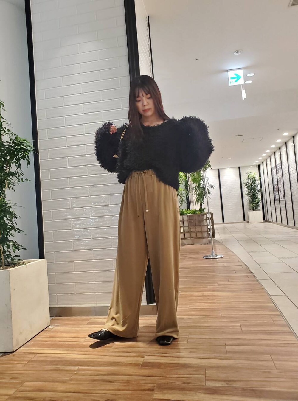 ベージュ系のその他パンツ、ブラック系のニット/セーターを着用したレディースの秋コーディネートの2枚目の写真