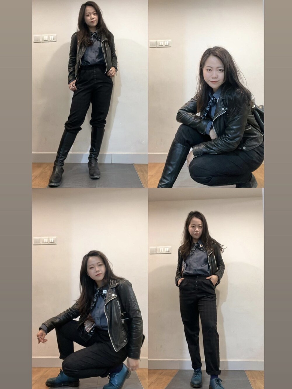 ブルー系のその他シューズ、ブラウン系のスラックス、ブラック系のムートンコートを着用したレディースの春コーディネートの4枚目の写真