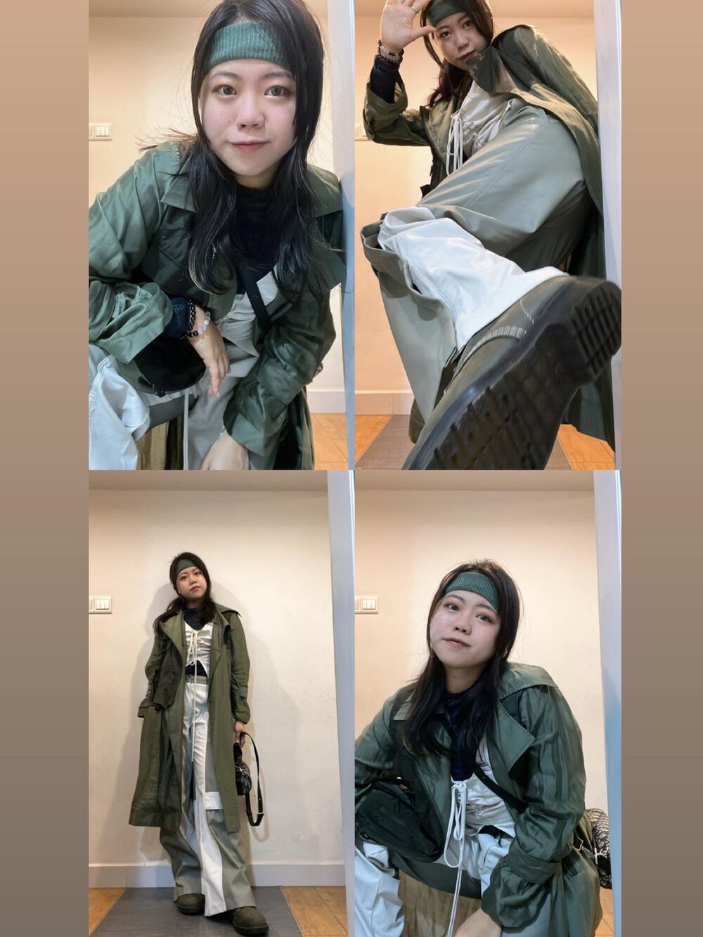 ブラック系のバッグ、グリーン系のシューズ、グリーン系のミリタリージャケットを着用したレディースの冬コーディネートの2枚目の写真