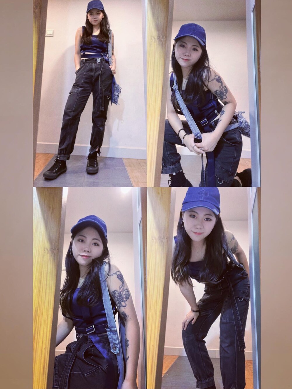 ブルー系のトップス、ブルー系のトレンチコート、ブラック系のデニムパンツを着用したレディースの春コーディネートの3枚目の写真