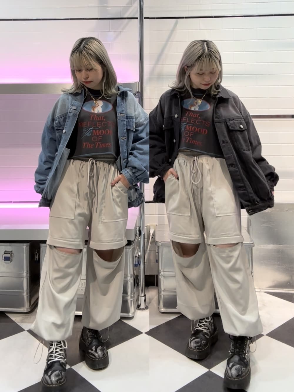 ブラック系のスウェット、ホワイト系のその他パンツ、ブルー系のデニムジャケットを着用したレディースの冬コーディネートの5枚目の写真