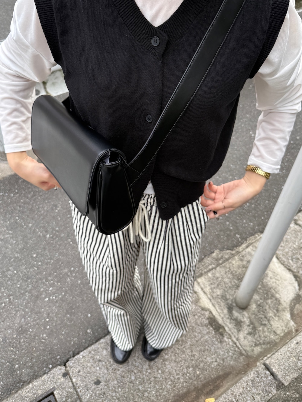 「ストライプ、ストライプパンツ、きれいめコーデ、ベスト、ベストコーデ、ベストスタイル、夏コーデ、レイヤードスタイル、きれいめカジュアル、シアートップス」｜「COLONY 2139のストライプイージーパンツ（その他パンツ、ブルー系）」を使った、momokaさん（レディース・160cm）の夏コーディネートの4枚目の写真