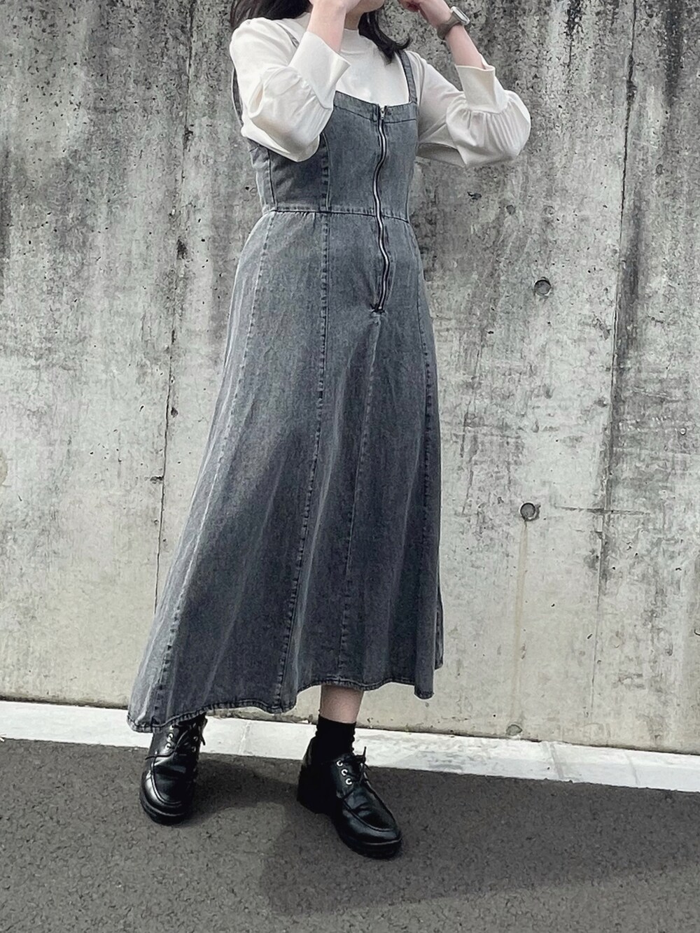 「春服コーデ、ジャンスカ、ジャンスカコーデ、GU、tiptop、アベイル、淡色コーデ、淡色女子、骨格ウェーブ、着回しコーデ」｜「GUのアイテム（トップス、ホワイト系）」を使った、ｈａｎｅさん（レディース・157cm）の春コーディネートの5枚目の写真
