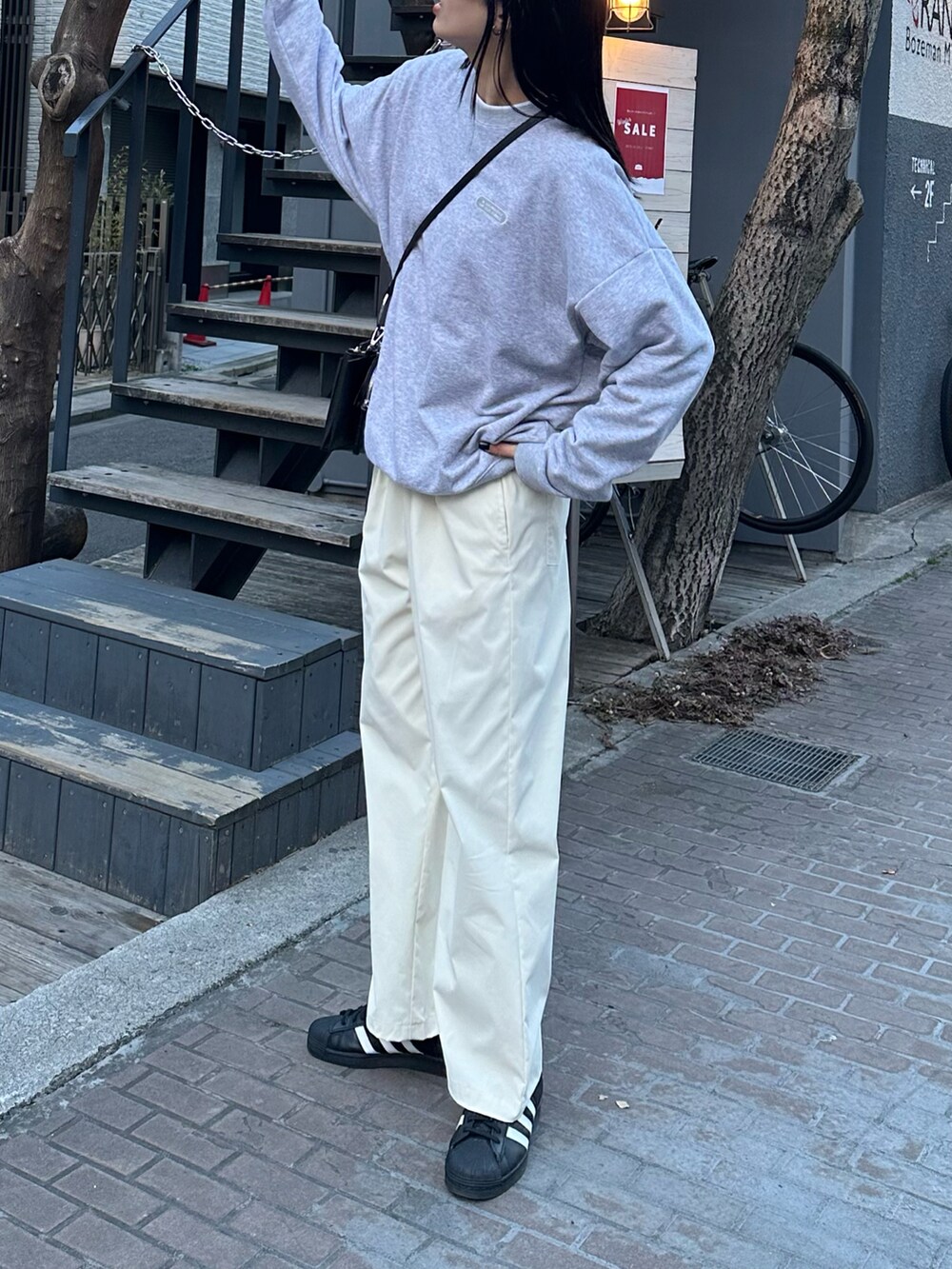 ベージュ系のその他パンツ、グレー系のスウェット、ブラック系のショルダーバッグを着用したレディースの冬コーディネートの2枚目の写真