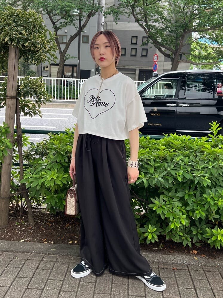 ブラウン系のハンドバッグ、ホワイト系のTシャツ/カットソー、ブラック系のその他パンツを着用したレディースの夏コーディネートの2枚目の写真