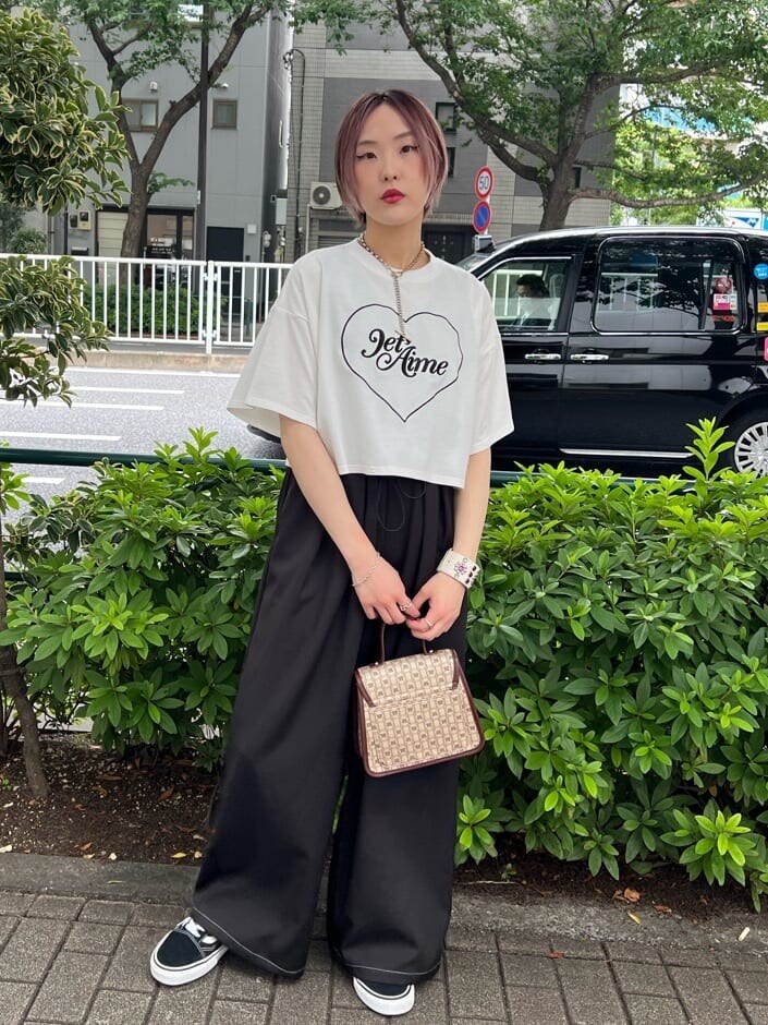 ブラウン系のハンドバッグ、ホワイト系のTシャツ/カットソー、ブラック系のその他パンツを着用したレディースの夏コーディネートの4枚目の写真