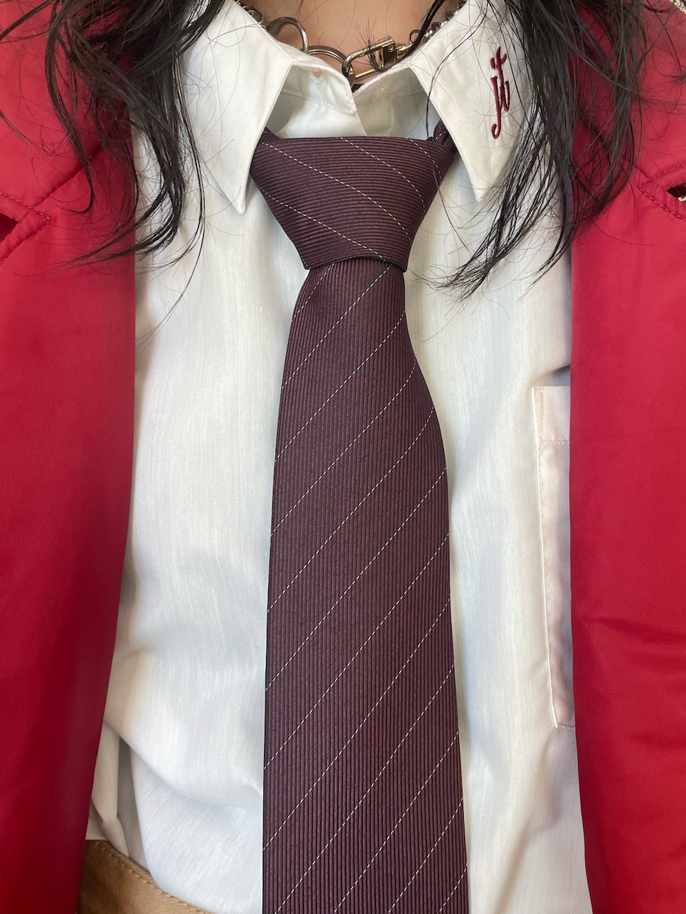 レッド系のMA-1、ホワイト系のシャツ/ブラウス、レッド系のネクタイを着用したレディースの秋コーディネートの5枚目の写真