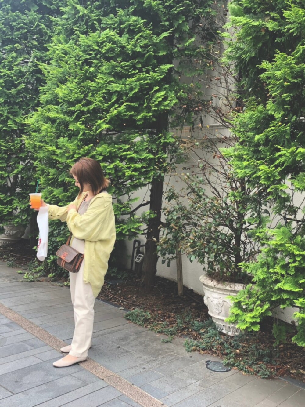 ブラウン系のTシャツ/カットソー、グリーン系のシャツ/ブラウス、ブラウン系のショルダーバッグを着用したレディースの夏コーディネートの2枚目の写真