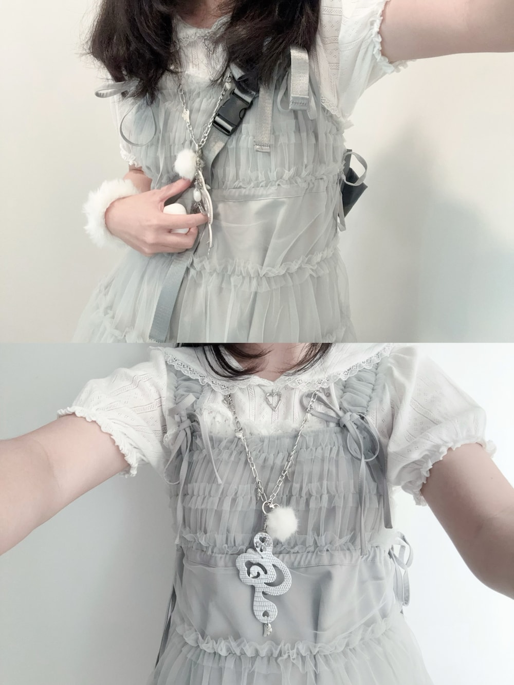 ホワイト系のTシャツ/カットソー、グレー系のワンピース、グレー系のショルダーバッグを着用したレディースの夏コーディネートの3枚目の写真