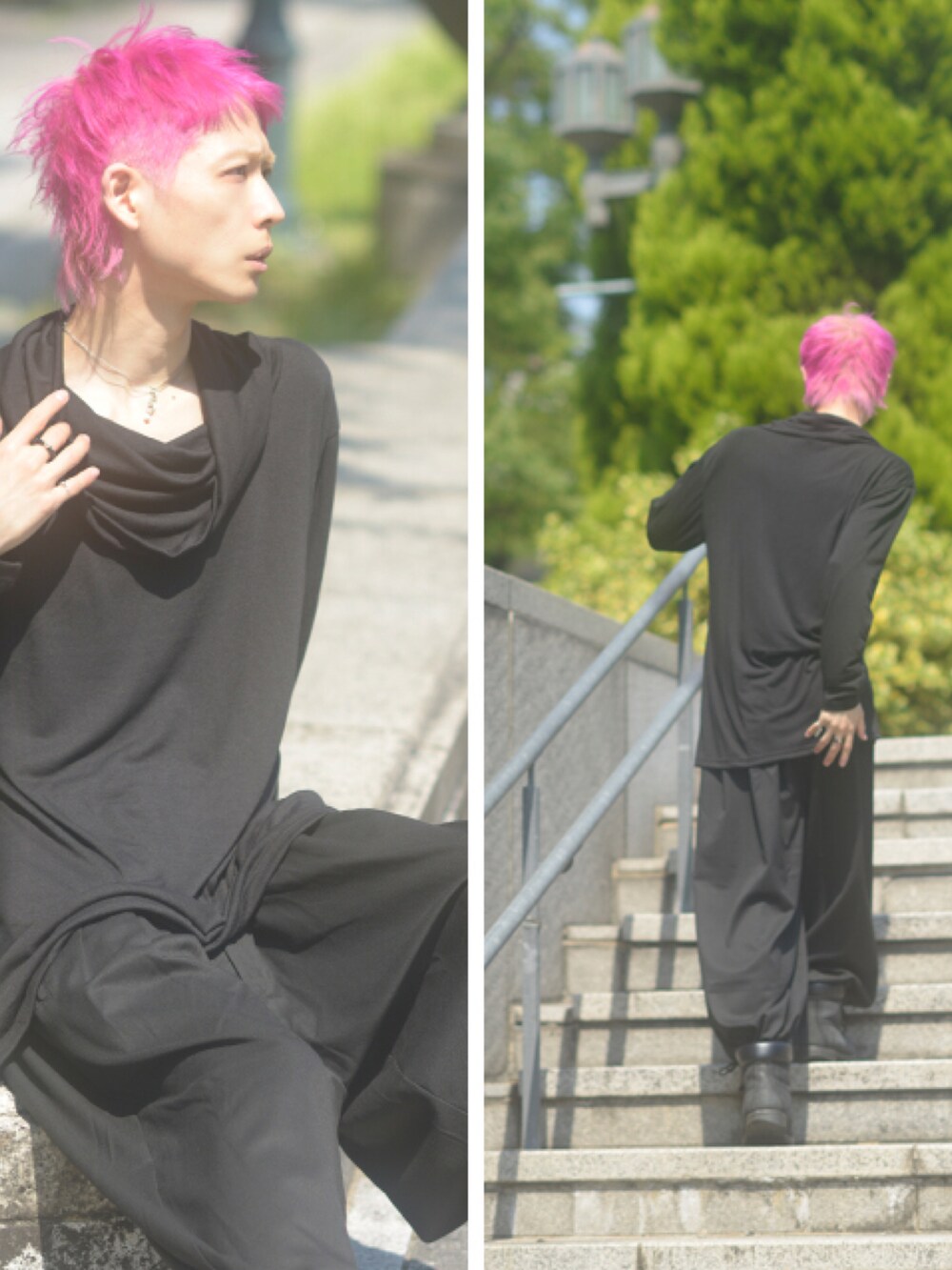 「モード、モノトーン、モノトーンコーデ、オールブラック、ブラックコーデ、黒コーデ、黒Tシャツ、ワイドパンツ、ストリート、ブーツ、ワントーンコーデ、ロンT、ストリートMIX、ユニセックス、albino」｜「ALBINOのカウルネックロング丈カットソー（Tシャツ/カットソー、ブラック系）」を使った、ShotaroKonishiさん（メンズ・175cm）の秋コーディネートの4枚目の写真