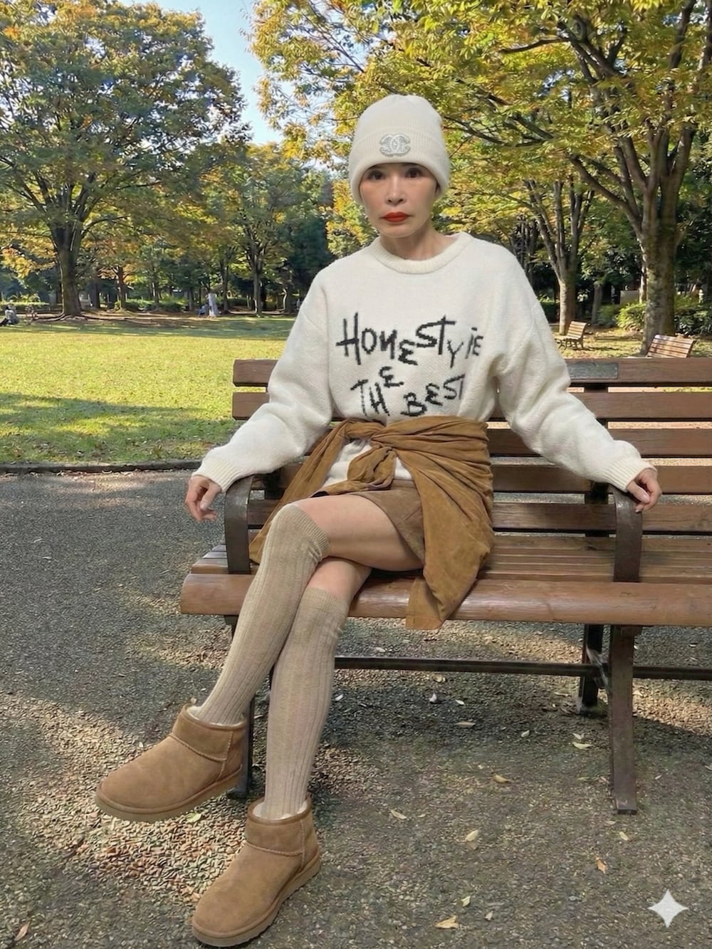 ブラウン系のブーツ、ホワイト系のニット/セーター、ベージュ系のハンドバッグを着用したレディースの冬コーディネートの2枚目の写真