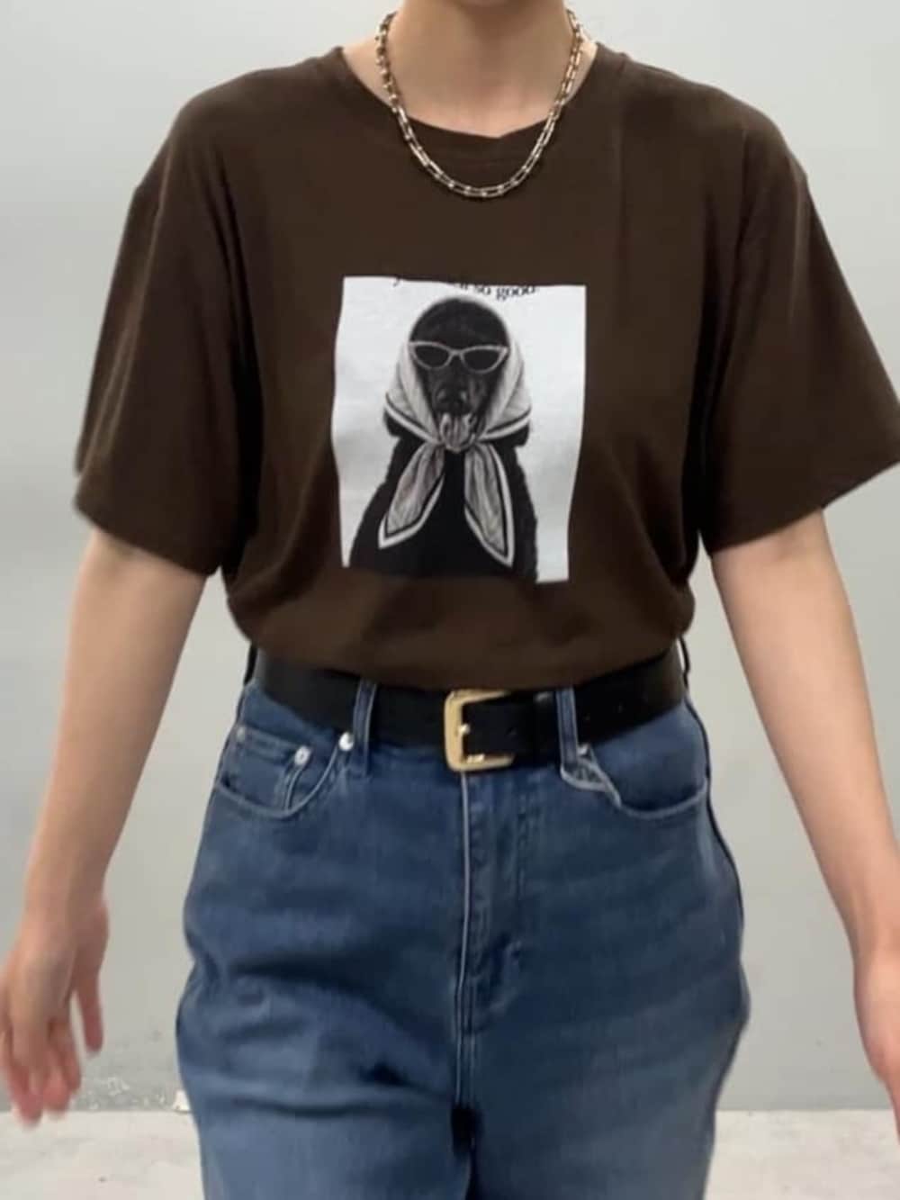 ブラウン系のTシャツ/カットソーを着用したレディースの夏コーディネートの2枚目の写真