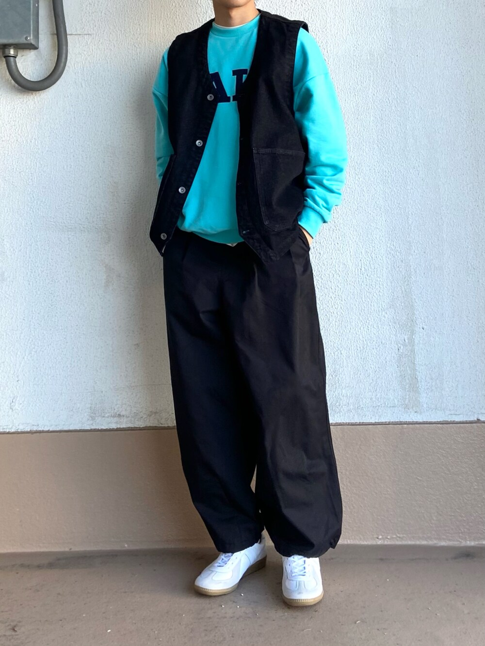 ブルー系のTシャツ/カットソー、ホワイト系のスニーカー、ブラック系のベストを着用したメンズの冬コーディネートの2枚目の写真