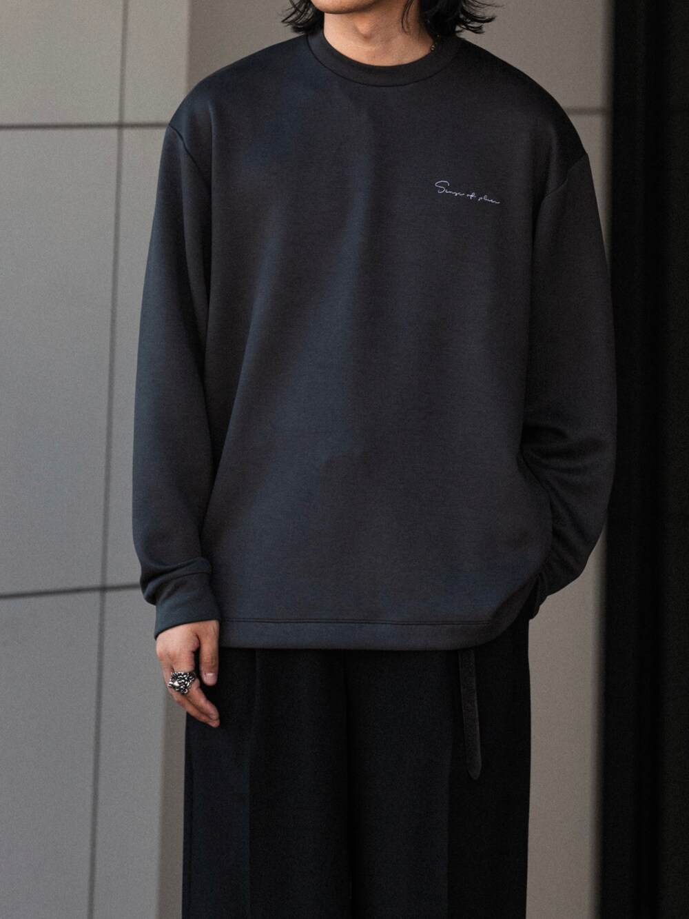 グレー系のTシャツ/カットソー、ブラック系のスラックスを着用したメンズの秋コーディネートの3枚目の写真