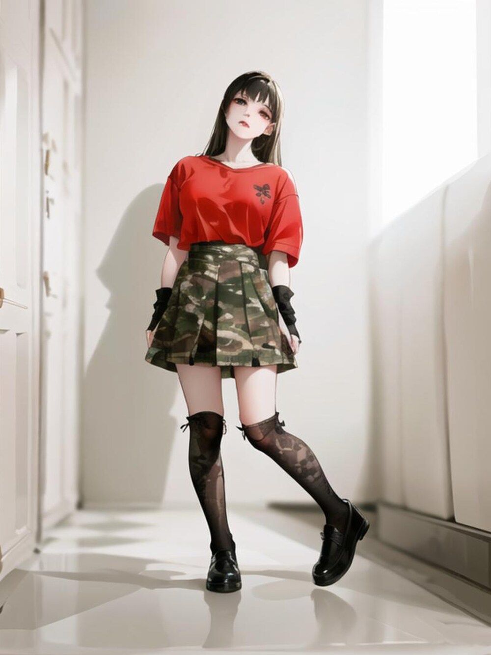 レッド系のシャツ/ブラウス、グリーン系のスカート、ブラック系のドレスシューズを着用したレディースの夏コーディネートの3枚目の写真