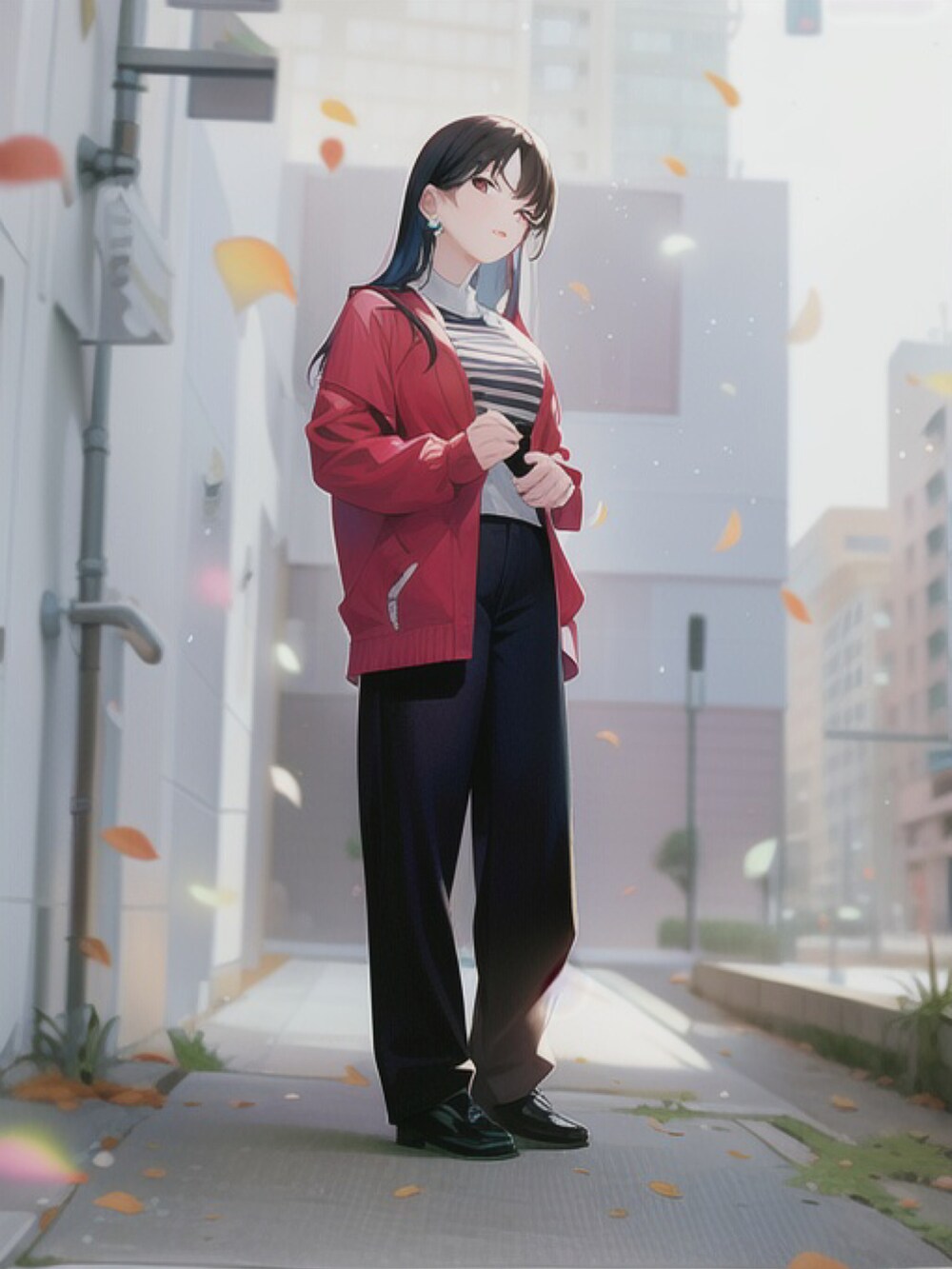 ブラック系のデニムパンツ、ブラック系のバレエシューズ、ブルー系のストール/ショールを着用したレディースの春コーディネートの2枚目の写真