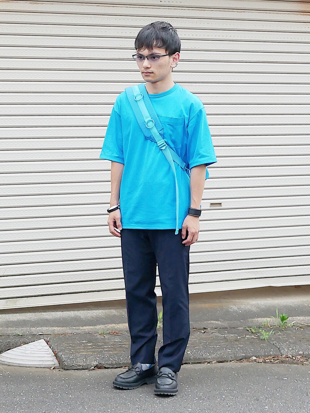 「低身長男子、soe、GU×beautiful people、JW Anderson x UNIQLO、THE ONITSUKA、LOEWE、kaiko、Paul Smith、ライトブルー、ワンショルダー、ワンショルダーバッグ、ソロテックス、斜めがけバック、ビットローファー、ブレスレット」｜「ブログ・YouTubeのアイテム（その他、その他）」を使った、小柄の小松@162cmさん（メンズ・162cm）の夏コーディネートの2枚目の写真