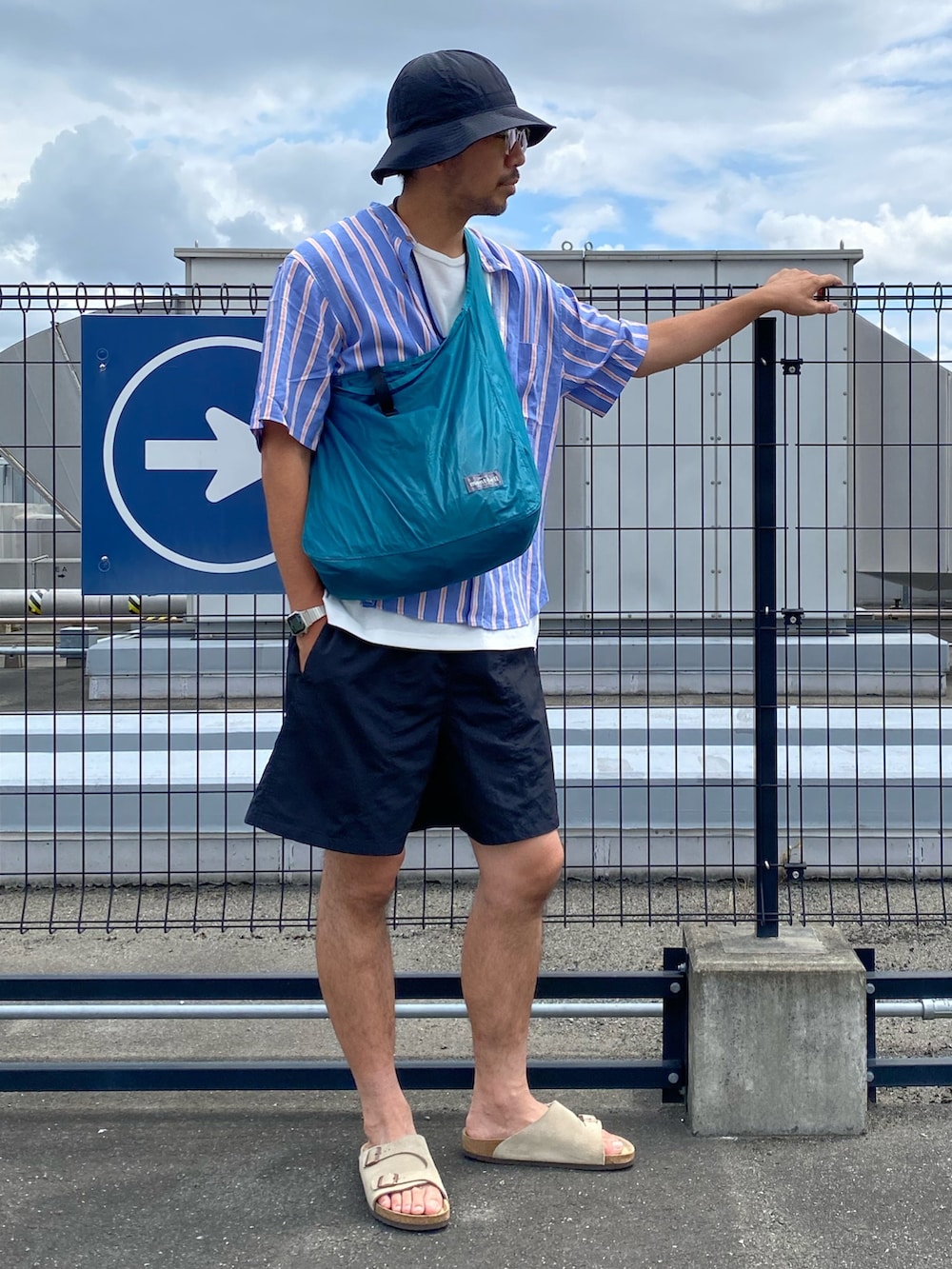 ブルー系のショルダーバッグ、ブルー系のシャツ/ブラウス、ホワイト系のタンクトップを着用したメンズの夏コーディネートの5枚目の写真