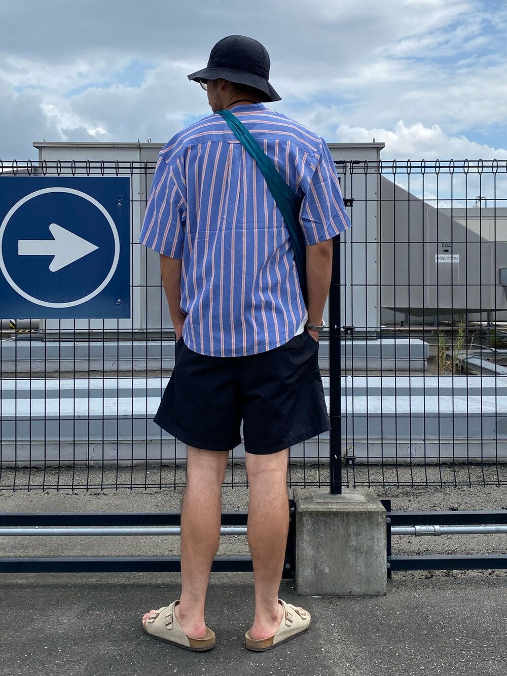 ブルー系のショルダーバッグ、ブルー系のシャツ/ブラウス、ホワイト系のタンクトップを着用したメンズの夏コーディネートの3枚目の写真