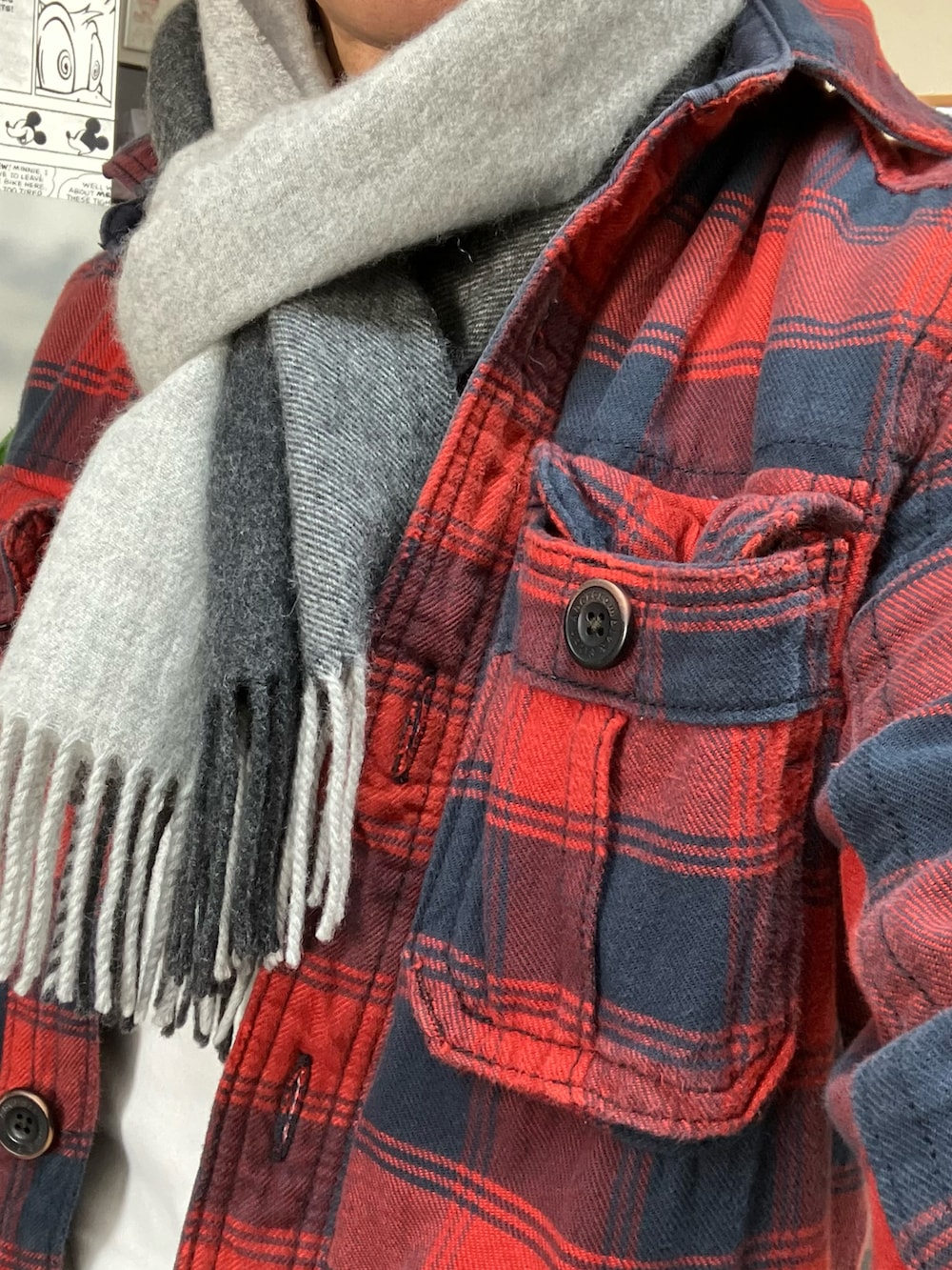 レッド系のその他アウター、グレー系のスラックス、グレー系のマフラーを着用したメンズの冬コーディネートの3枚目の写真