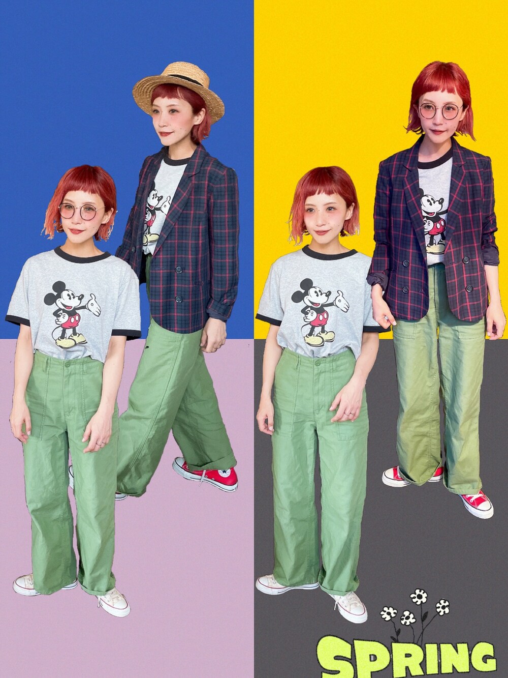 レッド系のスーツジャケット、グレー系のTシャツ/カットソー、グリーン系のカーゴパンツを着用したレディースの春コーディネートの2枚目の写真