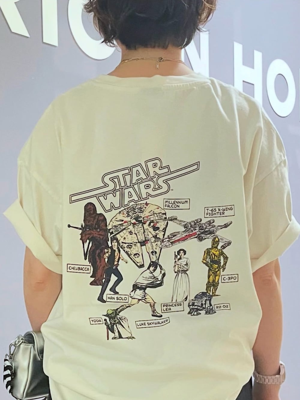 「スターウォーズ、スターウォーズコラボ、STAR WARS、STARWARS、アメリカンホリック、AMERICAN HOLIC、タックワイドパンツ、ガチャベルト、バックルサンダル、サンダルコーデ、ステンレスネックレス、映画Tシャツ、プリントT、ユニセックスアイテム、カジュアルコーデ」｜「AMERICAN HOLICのタックワイドパンツ（スラックス、ブラック系）」を使った、ah.susuyuさん（骨格ストレート・レディース・157cm）の夏コーディネートの5枚目の写真