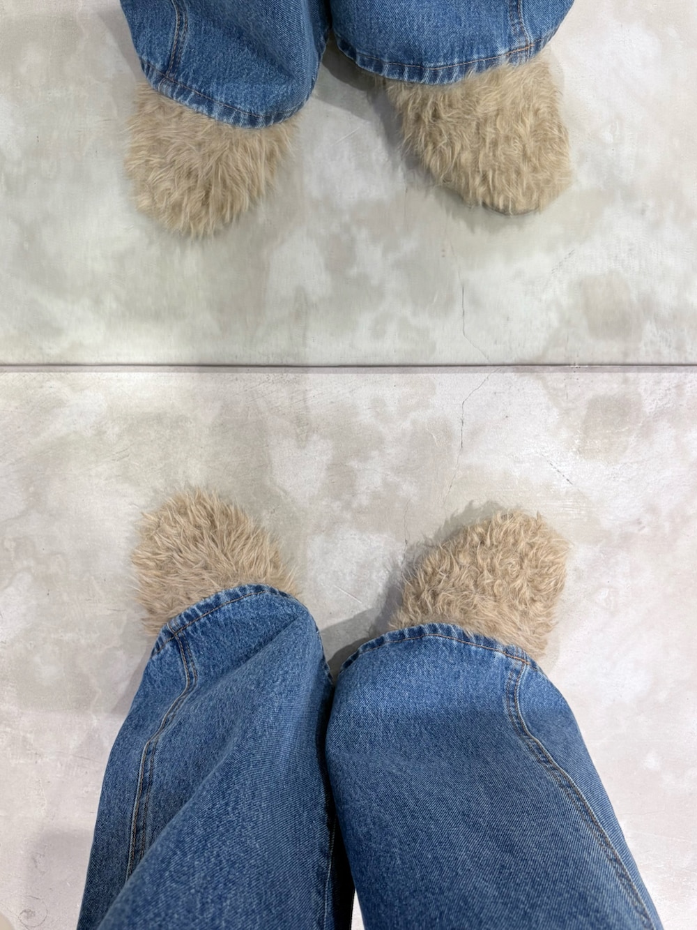 ブラウン系のシャツ/ブラウス、ブルー系のデニムパンツ、ベージュ系のその他シューズを着用したレディースの秋コーディネートの4枚目の写真