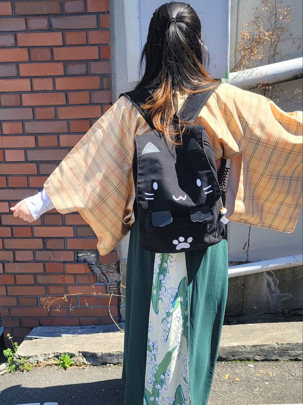 「イベント、春コーデ、和洋折衷、ぽっちゃり、袴スカート、リュックスタイル、着物」｜「カヤの【カヤ】-SHIKI-四季 春風八掛スカート（スカート、グリーン系）」を使った、NYANOさん（レディース・154cm）の春コーディネートの2枚目の写真