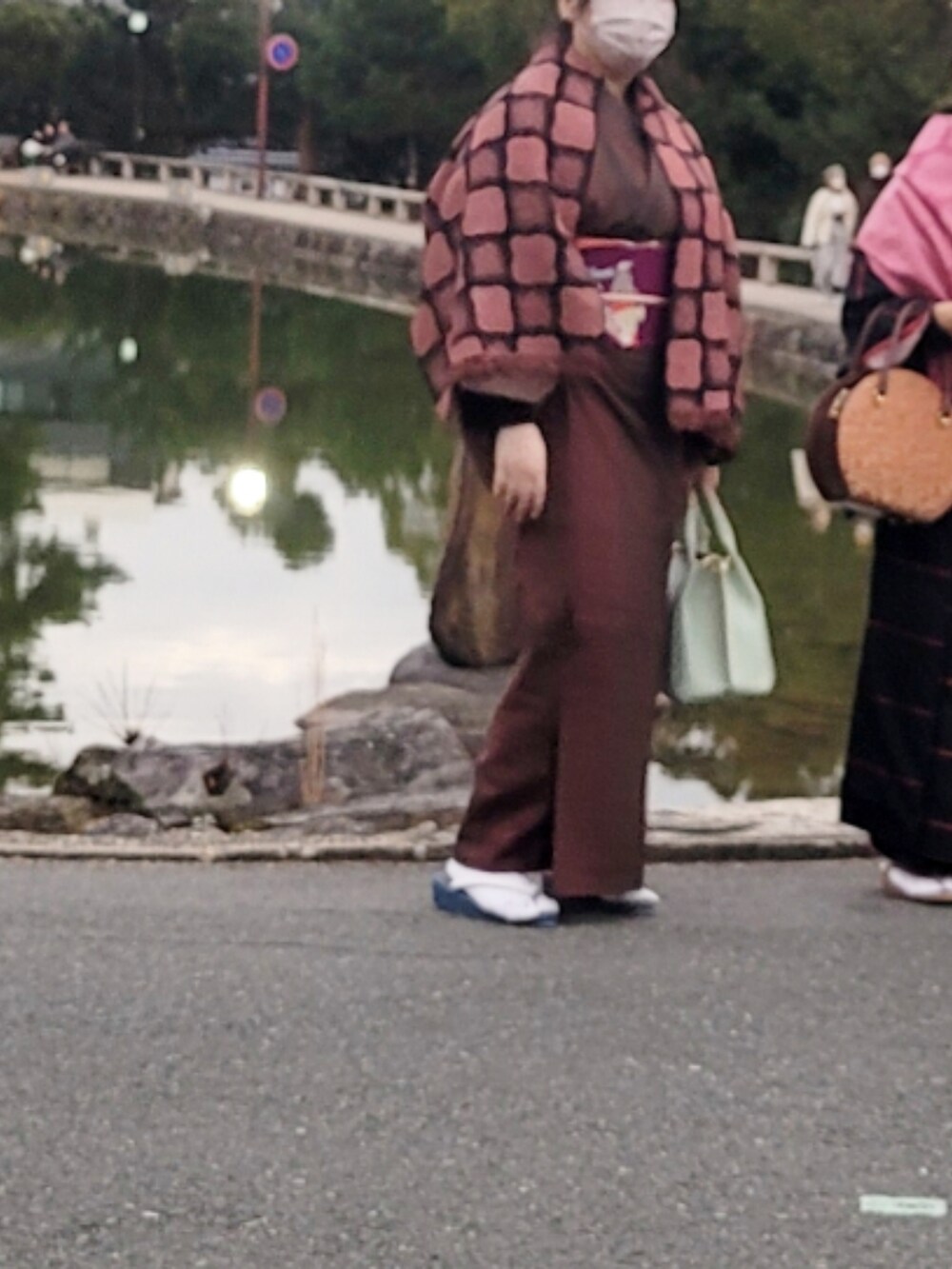 「低身長女子、着物、着物コーデ、おでかけコーデ、秋冬コーデ、ハンドバッグ、トートバッグ、カジュアル、名古屋帯、草履、きもの」｜「Samantha Thavasaのウィンド サマタバトート(合皮) 小サイズ（トートバッグ、グリーン系）」を使った、NYANOさん（レディース・154cm）の冬コーディネートの2枚目の写真