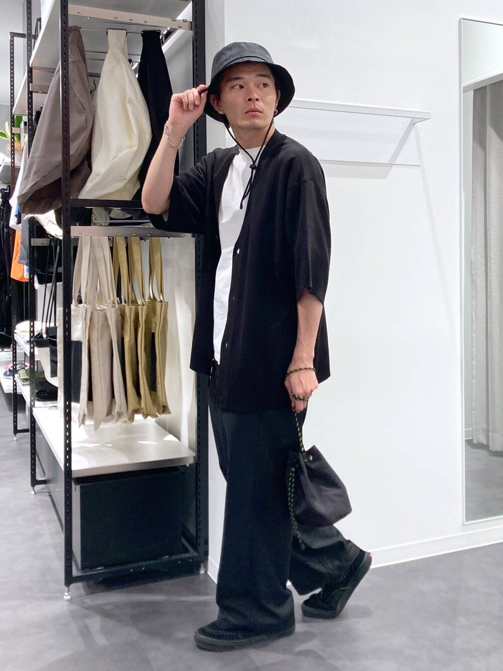 ブラック系のショルダーバッグ、ブラック系のカーディガン/ボレロ、ホワイト系のTシャツ/カットソーを着用したメンズの夏コーディネートの3枚目の写真