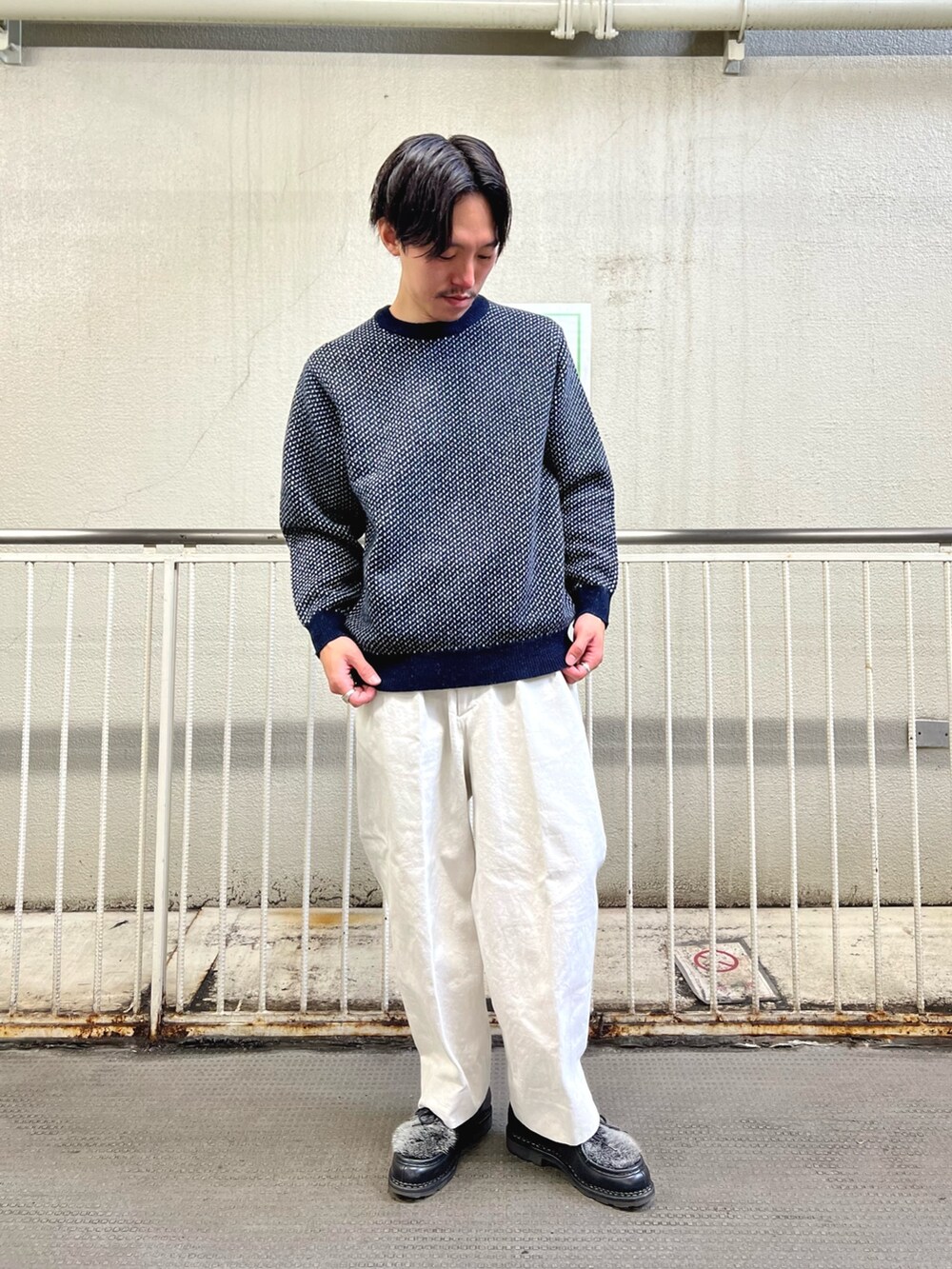 「古着MIX、休日スタイル、ニット、秋冬コーデ、シンプルスタイル、冬コーデ、vintage、カジュアルコーデ、冬ファッション、ニットコーデ」｜「NOLLEY'S goodmanの【WORK ABOUT/ワークアバウト】ジャカード プルオーバーニット（ニット/セーター、ブルー系）」を使った、nishiokaさん（メンズ・169cm）の冬コーディネートの2枚目の写真