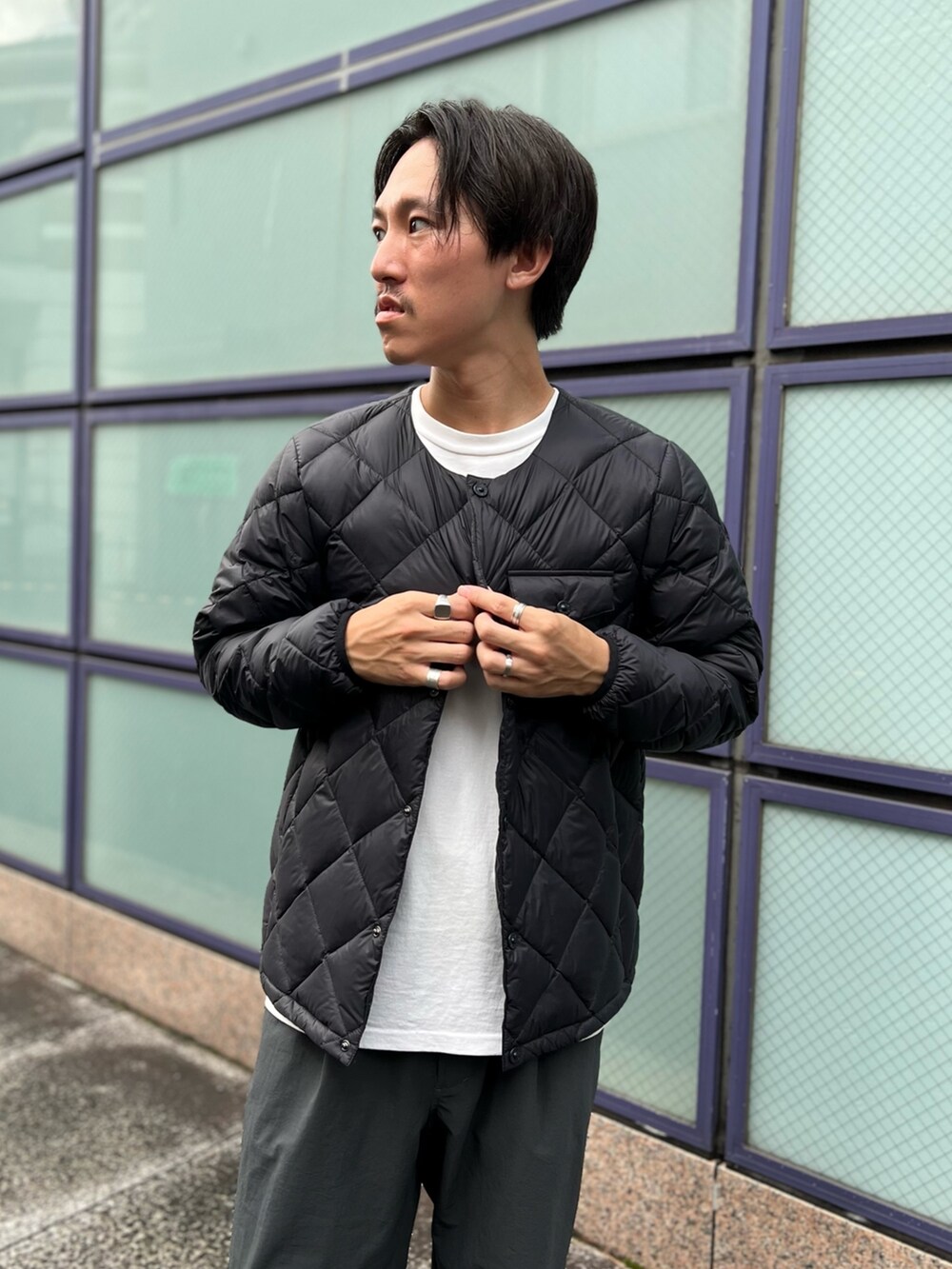 グレー系のその他パンツ、ブラック系のダウンジャケット/コートを着用したメンズの夏コーディネートの4枚目の写真