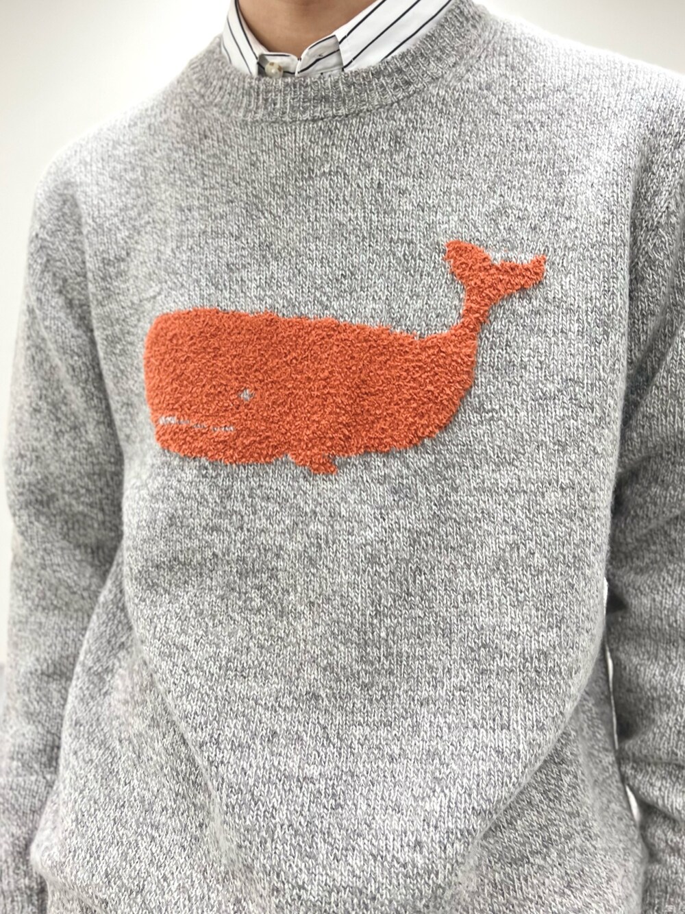 ホワイト系のシャツ/ブラウス、グレー系のニット/セーター、ブラック系のトートバッグを着用したメンズの秋コーディネートの6枚目の写真