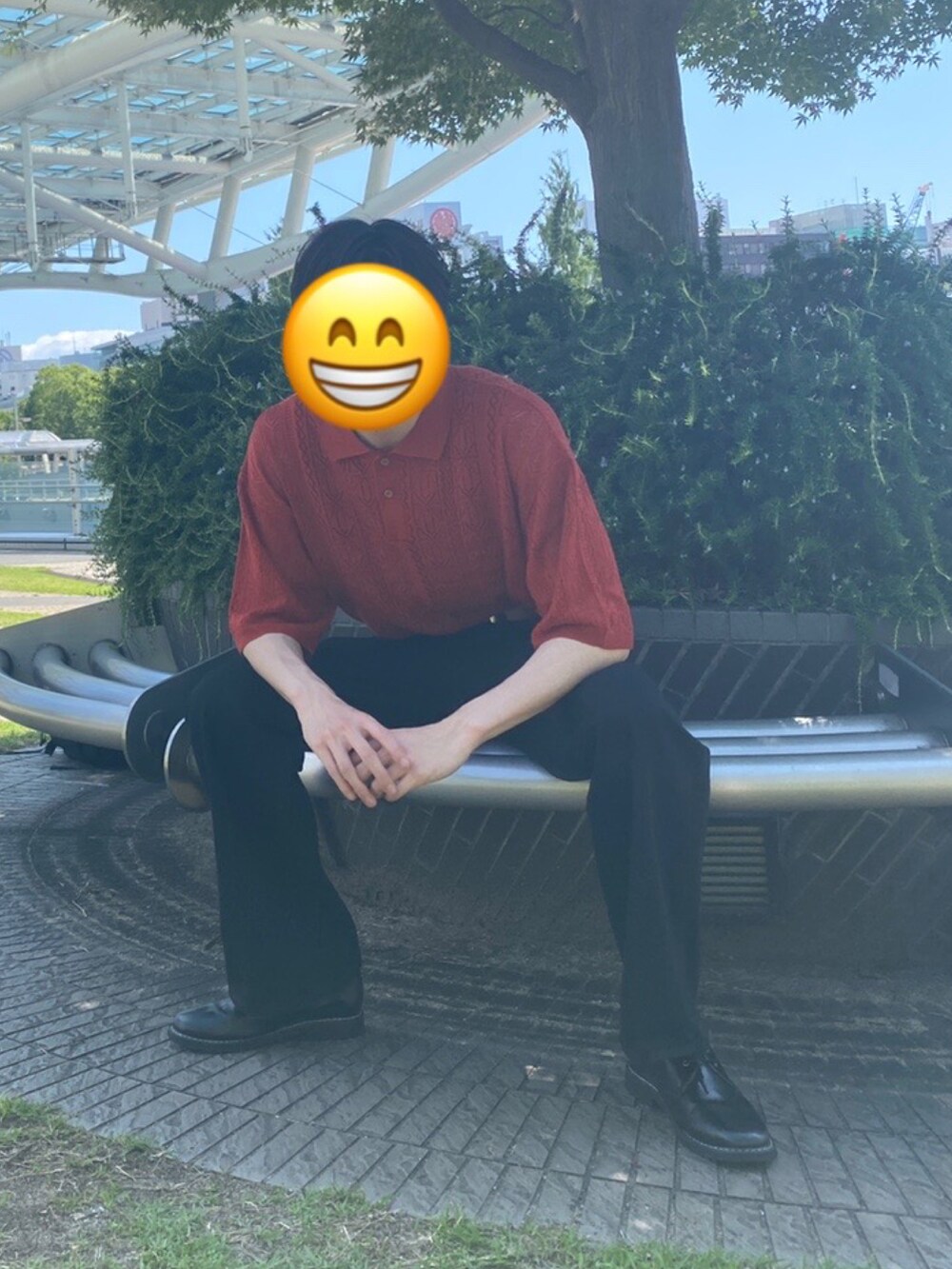 「夏コーデ、メンズファッション、このスタイルがお気に入り、プチプラ、シンプルスタイル、ニットポロ、初夏コーデ、韓国ファッション、メッシュ、高身長コーデ、EMMA  CLOTHES、エドウィン、大人コーデ、ラフ、レース」｜「EMMA CLOTHESのレースアミルーズハーフスリーブニットポロシャツ EMMA CLOTHES 2023SS（ポロシャツ、オレンジ系）」を使った、ゆーすけさん（メンズ・182cm）の夏コーディネートの2枚目の写真
