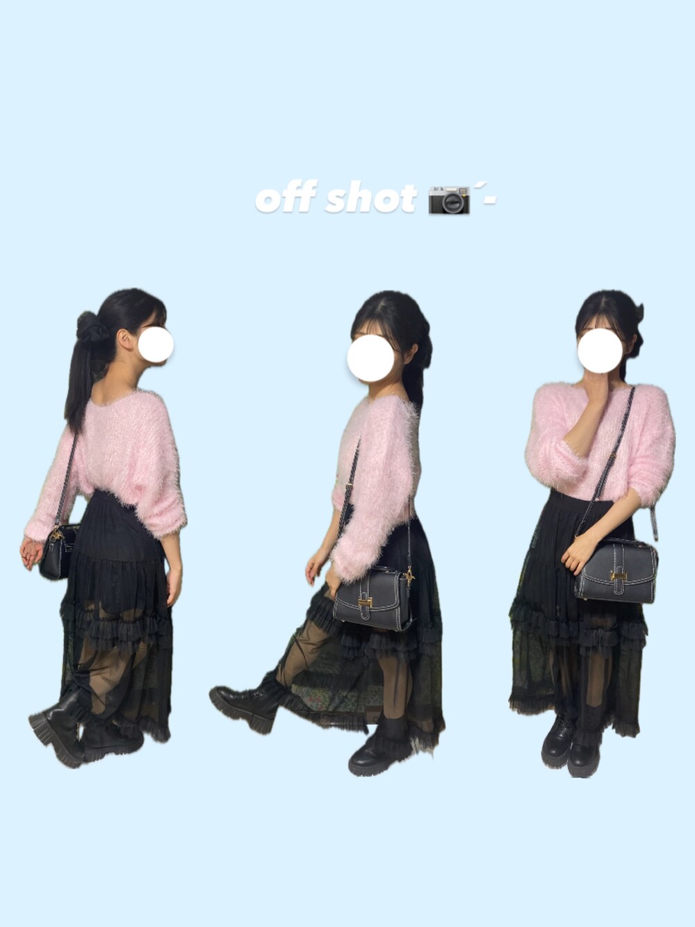 ピンク系のニット/セーター、ブラック系のショルダーバッグ、ブラック系のブーツを着用したレディースの冬コーディネートの2枚目の写真