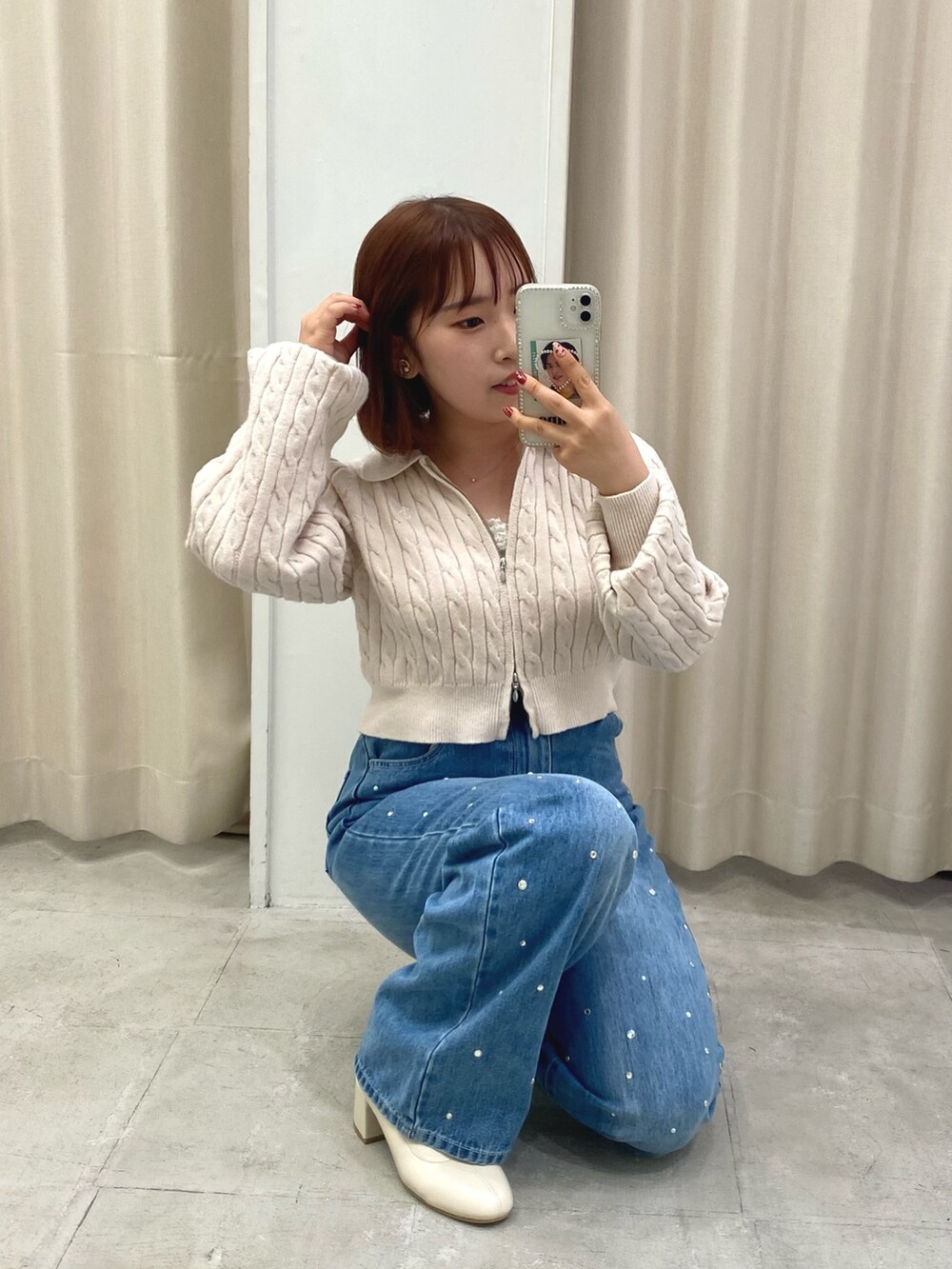 AUBREY/SET】ショルダーカットジップニット+シャイニーシャギー
