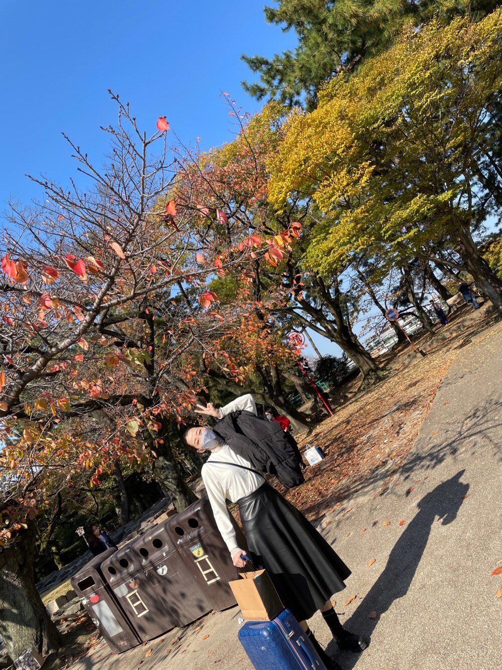 ブラック系のスカート、ホワイト系のニット/セーター、ホワイト系のシャツ/ブラウスを着用したレディースの秋コーディネートの2枚目の写真