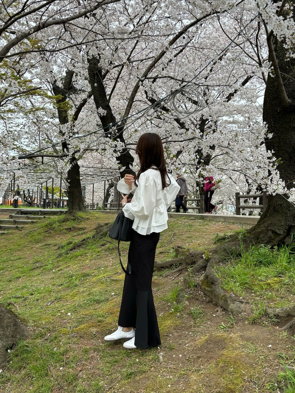 「大人可愛い、オトナカジュアル、大人ファッション、スニーカー、キレイめ、春服コーデ、outfit、ブラウス、白ブラウス、マーメイドスカート、春コーデ、春、休日スタイル、休日コーデ、お出かけコーデ」｜「Cla STEllaRのアイテム（シャツ/ブラウス、ホワイト系）」を使った、mayuさん（レディース・162cm）の春コーディネートの3枚目の写真