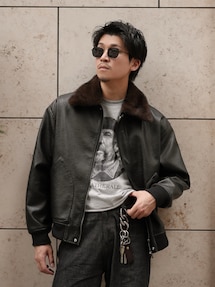 LURAKU】Synthetic Leather Fur Collar Jacket / LURAKU