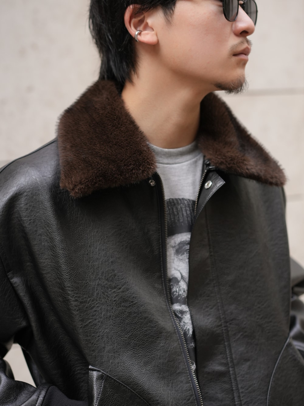 LURAKU】Synthetic Leather Fur Collar Jacket / LURAKU